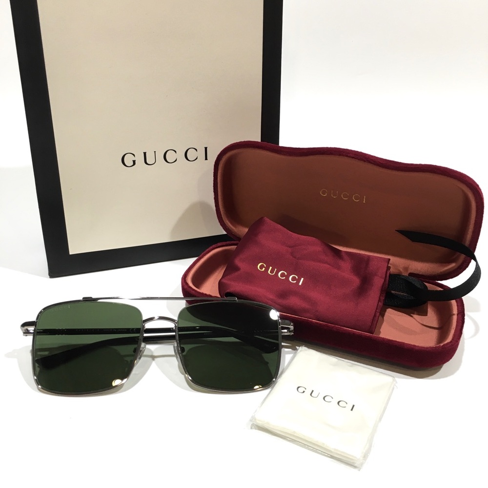 GUCCI AVIATOR SQUARE WEB SUNGLASSES -Black / Ruthenium / Green -NEW WITH CASE
